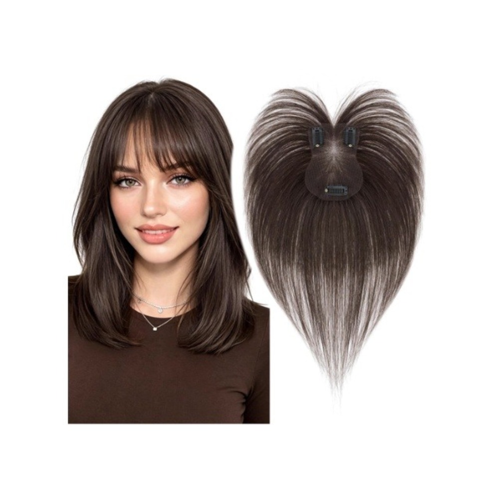 Brunette Topper Real Human Hair 11 Inch Dark Brown Lace Base Bangs Lightweight